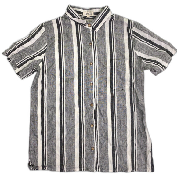 Roolee Linen Gray Striped Button Up Short Sleeve Top - Picture 1 of 10
